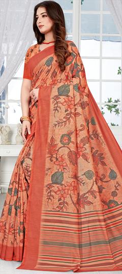 Casual, Traditional Orange color Saree in Chanderi Silk fabric with South Digital Print work : 1890680