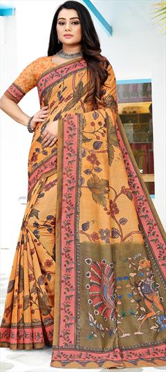 Casual, Traditional Orange color Saree in Chanderi Silk fabric with South Digital Print work : 1890688
