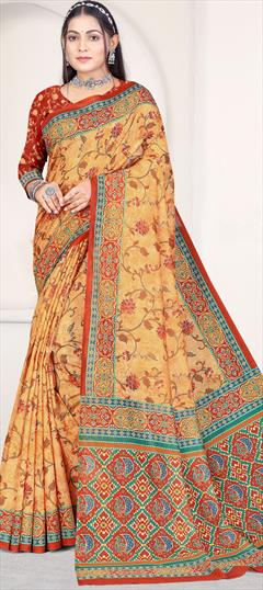 Casual, Traditional Yellow color Saree in Chanderi Silk fabric with South Digital Print work : 1890691