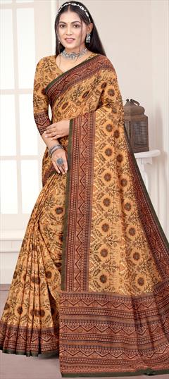 Casual, Traditional Yellow color Saree in Chanderi Silk fabric with South Digital Print work : 1890698
