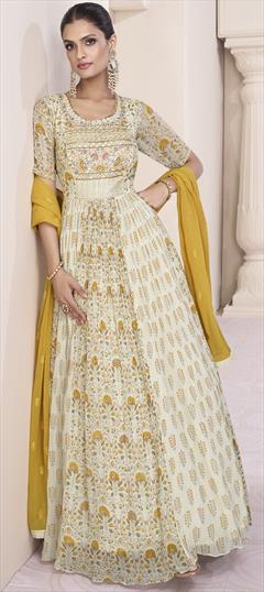 Engagement, Reception, Wedding White and Off White color Gown in Georgette fabric with Cut Dana, Embroidered, Floral, Mirror, Printed, Resham, Sequence, Thread work : 1890781