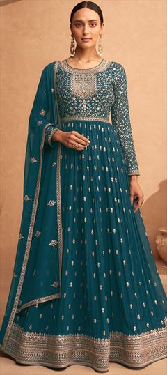 Engagement, Mehendi Sangeet, Reception Blue color Salwar Kameez in Faux Georgette fabric with Anarkali Embroidered, Thread, Zari work : 1890813