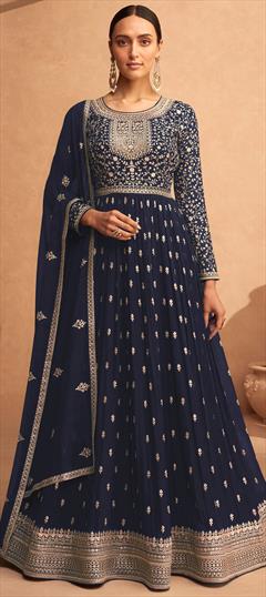 Engagement, Mehendi Sangeet, Reception Blue color Salwar Kameez in Faux Georgette fabric with Anarkali Embroidered, Thread, Zari work : 1890814