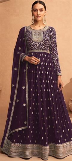 Engagement, Mehendi Sangeet, Reception Purple and Violet color Salwar Kameez in Faux Georgette fabric with Anarkali Embroidered, Thread, Zari work : 1890815