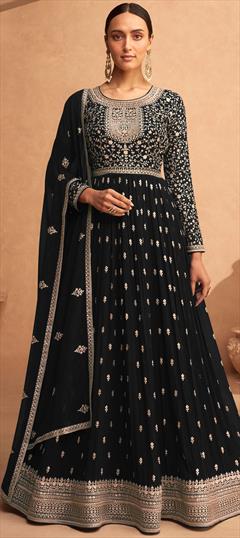 Engagement, Mehendi Sangeet, Reception Black and Grey color Salwar Kameez in Faux Georgette fabric with Anarkali Embroidered, Thread, Zari work : 1890816