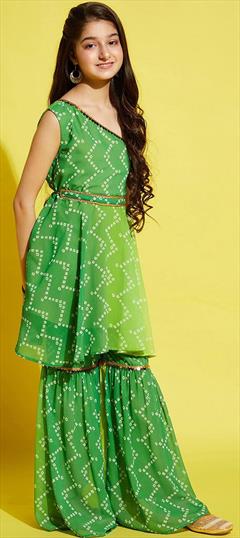 Party Wear Green color Girls Top with Bottom in Georgette fabric with Bandhej, Printed work : 1890831