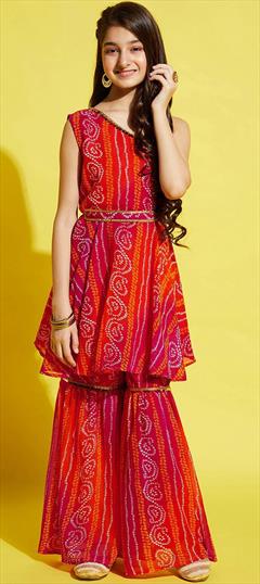 Party Wear Red and Maroon color Girls Top with Bottom in Georgette fabric with Bandhej, Printed work : 1890839