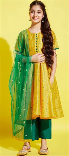 Party Wear Yellow color Kids Salwar in Dupion Silk fabric with Thread work : 1890841