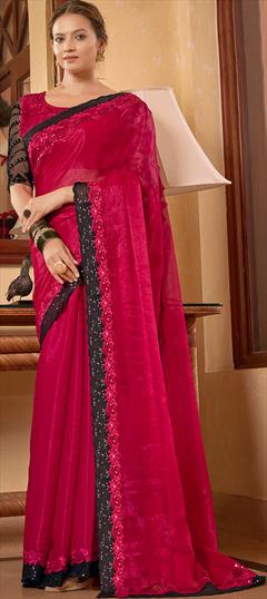 Party Wear, Reception Red and Maroon color Saree in Chiffon fabric with Classic Lace, Resham, Sequence, Thread work : 1890866