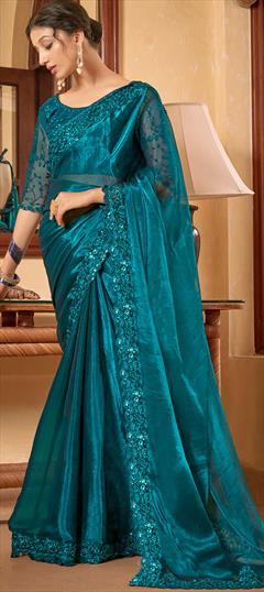 Party Wear, Reception Blue color Saree in Chiffon fabric with Classic Lace, Resham, Sequence, Thread work : 1890867