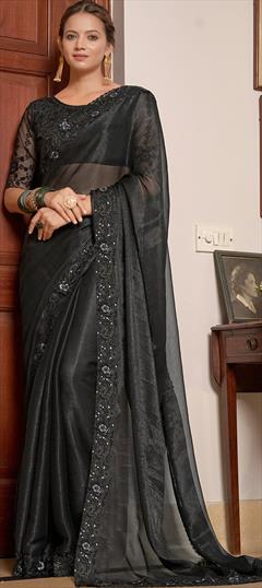 Party Wear, Reception Black and Grey color Saree in Chiffon fabric with Classic Lace, Resham, Sequence, Thread work : 1890870
