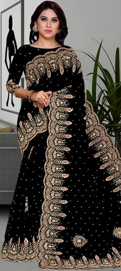 Engagement, Reception, Wedding Black and Grey color Saree in Georgette fabric with Classic Cut Dana, Stone work : 1890886