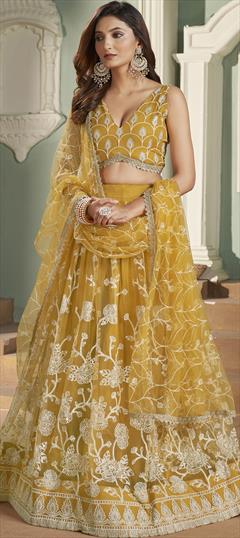Engagement, Reception, Wedding Yellow color Lehenga in Net fabric with Flared Embroidered, Sequence, Thread work : 1890904