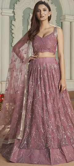 Engagement, Reception, Wedding Pink and Majenta color Lehenga in Net fabric with Flared Embroidered, Sequence, Thread work : 1890906