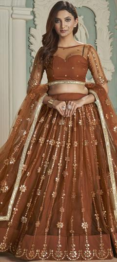 Engagement, Reception, Wedding Beige and Brown color Lehenga in Net fabric with Flared Embroidered, Mirror, Sequence, Thread work : 1890917