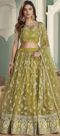 Engagement, Reception, Wedding Green color Lehenga in Net fabric with Flared Embroidered, Sequence, Thread work : 1890924