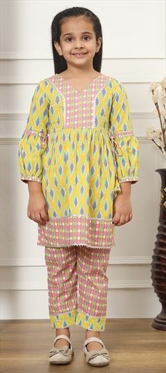 Summer Green, Pink and Majenta color Girls Top with Bottom in Cotton fabric with Gota Patti, Printed work : 1890960