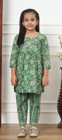Festive, Summer Green color Girls Top with Bottom in Cotton fabric with Gota Patti, Printed work : 1890961