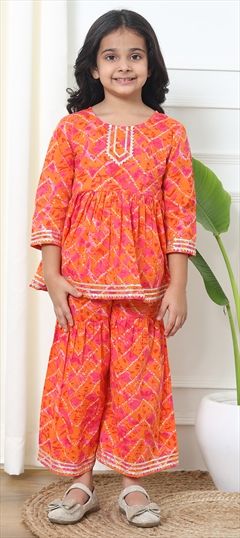 Festive, Summer Orange color Girls Top with Bottom in Cotton fabric with Gota Patti, Printed work : 1890962