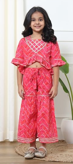 Festive, Summer Pink and Majenta color Girls Top with Bottom in Cotton fabric with Gota Patti, Printed work : 1890963
