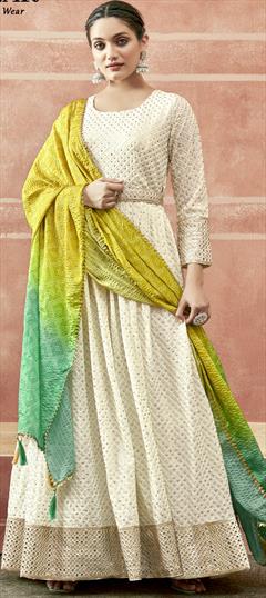 Party Wear, Reception White and Off White color Gown in Georgette fabric with Mirror, Resham, Sequence, Thread work : 1890967