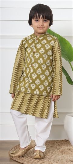 Bollywood Beige and Brown color Boys Kurta Pyjama with Jacket in Art Dupion Silk fabric with Straight Aari work : 1891008