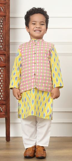 Festive, Summer Beige and Brown, Yellow color Boys Kurta Pyjama with Jacket in Cotton fabric with Printed work : 1891010