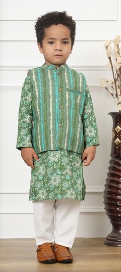 Bollywood Beige and Brown color Boys Kurta Pyjama with Jacket in Art Dupion Silk fabric with Aari work : 1891011