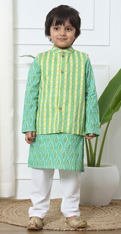 Bollywood Beige and Brown color Boys Kurta Pyjama with Jacket in Art Dupion Silk fabric with Aari work : 1891012