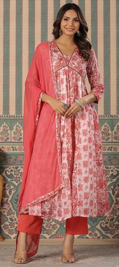 Reception, Summer Pink and Majenta, White and Off White color Salwar Kameez in Cotton fabric with Anarkali Floral, Printed, Resham, Sequence, Thread, Zari work : 1891054
