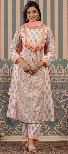 Reception, Summer White and Off White color Salwar Kameez in Cotton fabric with Anarkali Floral, Printed, Resham, Thread, Zari work : 1891056