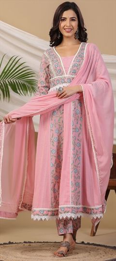 Reception, Summer Pink and Majenta color Salwar Kameez in Cotton fabric with Anarkali Floral, Gota Patti, Lace, Printed, Sequence, Zari work : 1891068