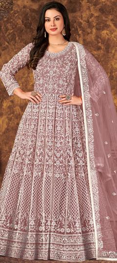 Party Wear, Reception Pink and Majenta color Gown in Net fabric with Embroidered work : 1891240