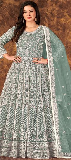 Party Wear, Reception Green color Gown in Net fabric with Embroidered work : 1891242