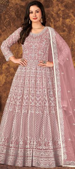 Party Wear, Reception Pink and Majenta color Gown in Net fabric with Embroidered work : 1891244
