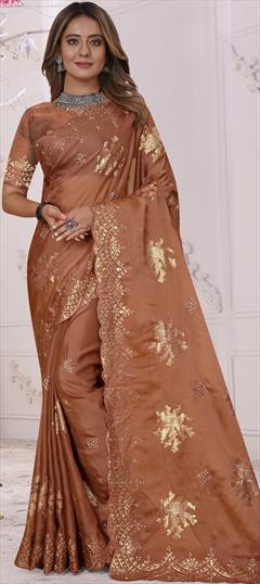 Party Wear, Traditional Beige and Brown color Saree in Organza Silk, Silk fabric with South Embroidered, Resham, Sequence, Stone, Thread, Zircon work : 1891403