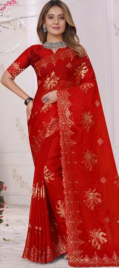 Party Wear, Traditional Red and Maroon color Saree in Organza Silk, Silk fabric with South Embroidered, Resham, Sequence, Stone, Thread, Zircon work : 1891406