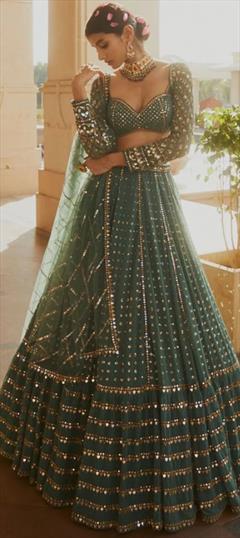 Reception, Wedding Green color Lehenga in Georgette fabric with Flared Sequence, Thread, Zari work : 1891411