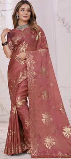 Party Wear, Traditional Pink and Majenta color Saree in Organza Silk, Silk fabric with South Embroidered, Resham, Sequence, Stone, Thread, Zircon work : 1891412