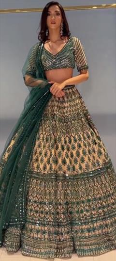 Reception, Wedding Beige and Brown, Green color Lehenga in Georgette fabric with Flared Embroidered, Thread work : 1891418