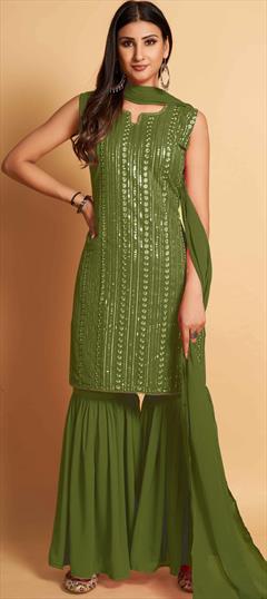 Festive, Party Wear Green color Salwar Kameez in Georgette fabric with Sharara Embroidered, Resham, Thread work : 1891419