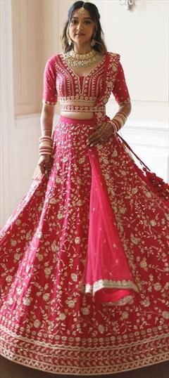 Reception, Wedding Pink and Majenta color Lehenga in Satin Silk fabric with Flared Sequence, Thread, Zari work : 1891422
