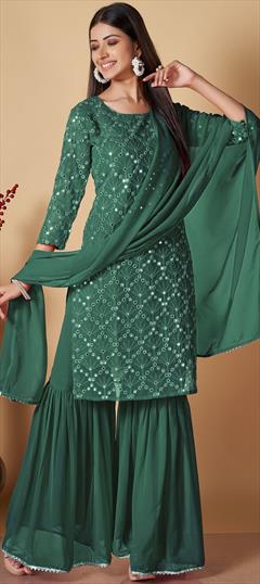 Festive, Party Wear Green color Salwar Kameez in Georgette fabric with Sharara Embroidered, Resham, Thread work : 1891428