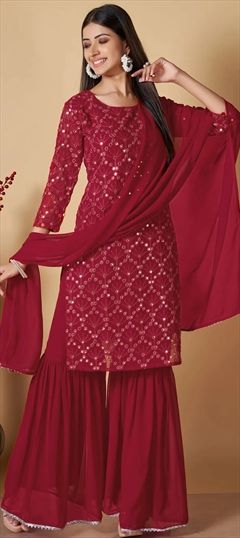 Festive, Party Wear Red and Maroon color Salwar Kameez in Georgette fabric with Sharara Embroidered, Resham, Thread work : 1891432