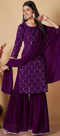 Festive, Party Wear Purple and Violet color Salwar Kameez in Georgette fabric with Sharara Embroidered, Resham, Thread work : 1891433