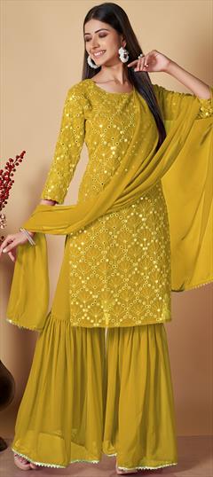 Festive, Party Wear Yellow color Salwar Kameez in Georgette fabric with Sharara Embroidered, Resham, Thread work : 1891434