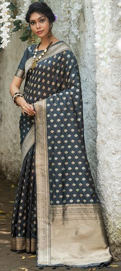 Party Wear, Traditional Black and Grey color Saree in Banarasi Silk fabric with South Weaving work : 1891541