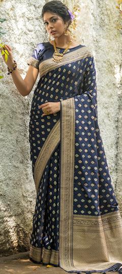 Party Wear, Traditional Blue color Saree in Banarasi Silk fabric with South Weaving work : 1891544