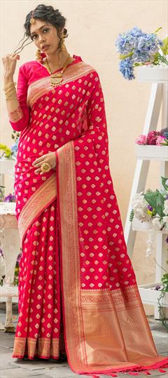 Party Wear, Traditional Pink and Majenta color Saree in Banarasi Silk fabric with South Weaving work : 1891549