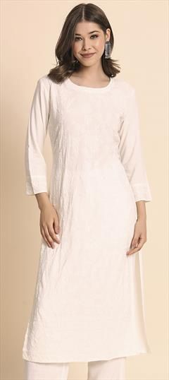Casual White and Off White color Kurti in Rayon fabric with Long Sleeve, Straight Embroidered, Resham, Thread work : 1891577